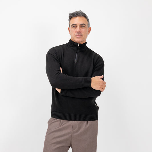 Lupetto con mezza zip in misto lana - Nero