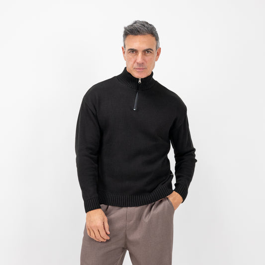 Lupetto con mezza zip in misto lana - Nero