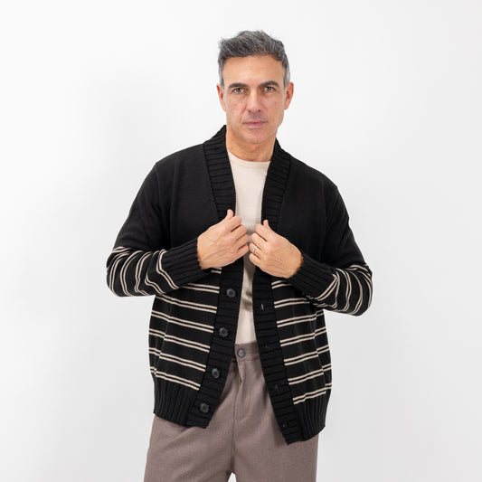 Cardigan a giacca a righe in misto lana - Nero