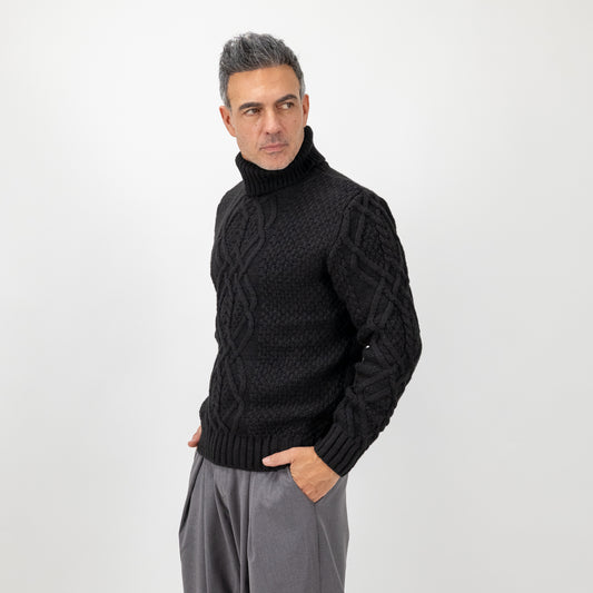 Maglione collo alto con trama a treccia - Nero