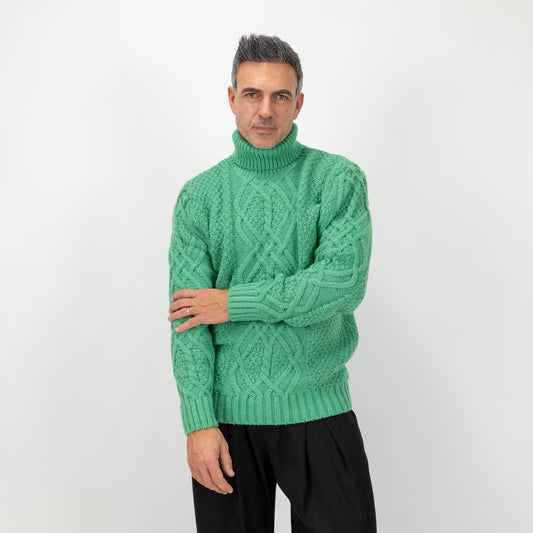 Maglione collo alto con trama a treccia - Verde