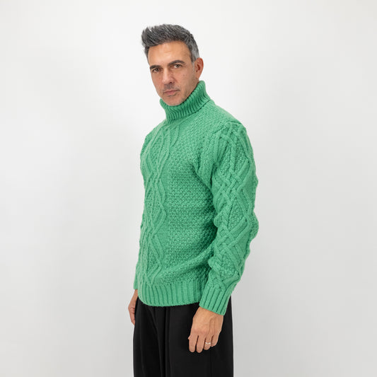 Maglione collo alto con trama a treccia - Verde