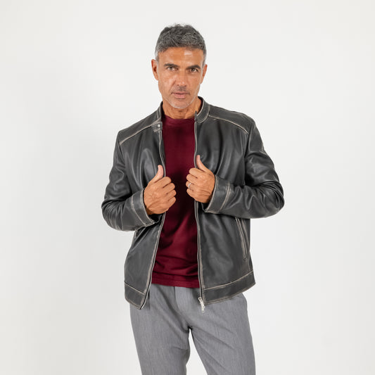 Giacca biker effetto vintage in Vera Pelle - Nero