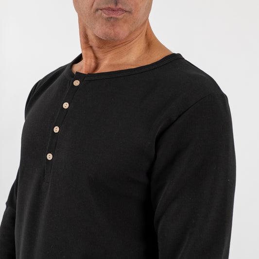 Maglia serafino con bottoncini in legno - Nero