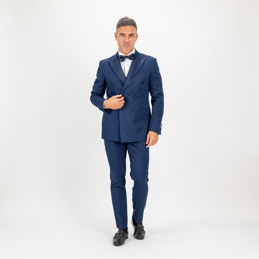 Abito smoking doppiopetto con rever e bottoni effetto seta - Blu notte