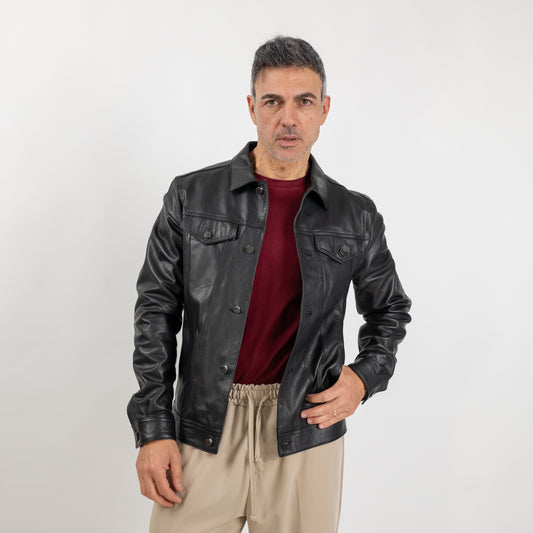 Giacca a camicia in Vera Pelle - Nero