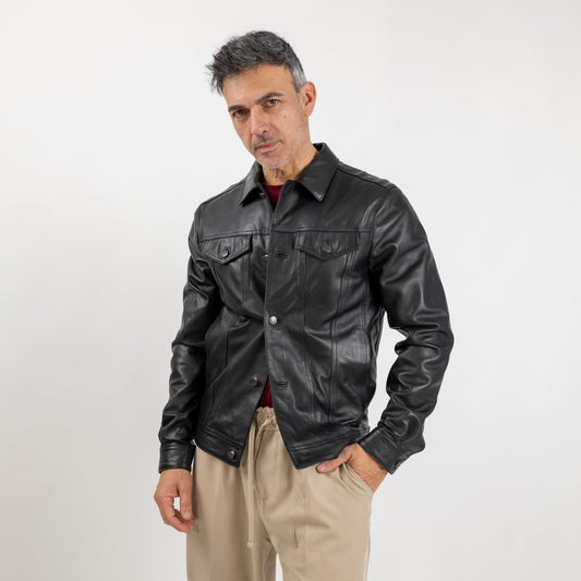 Giacca a camicia in Vera Pelle - Nero