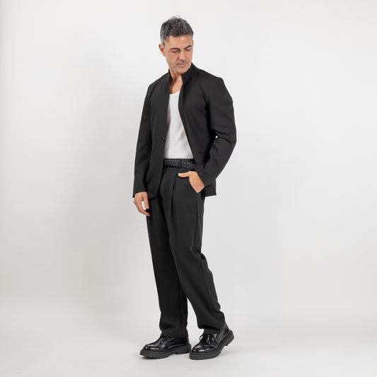 Coordinato con giacca coreana e pantalone palazzo - Nero