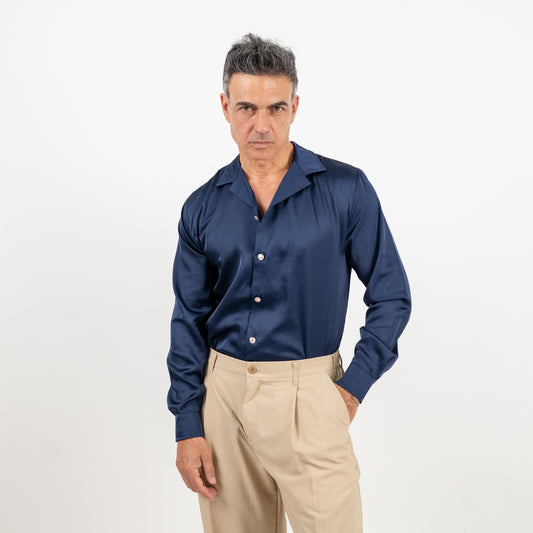 Camicia satin effetto raso con bottoni gioiello - Blu