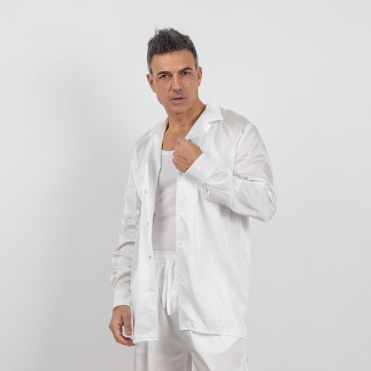 Camicia satin effetto raso con bottoni ricoperti - Bianco
