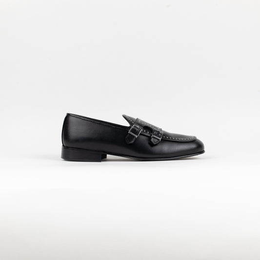 Mocassino Doppia Fibbia in Pelle con Borchie - Nero