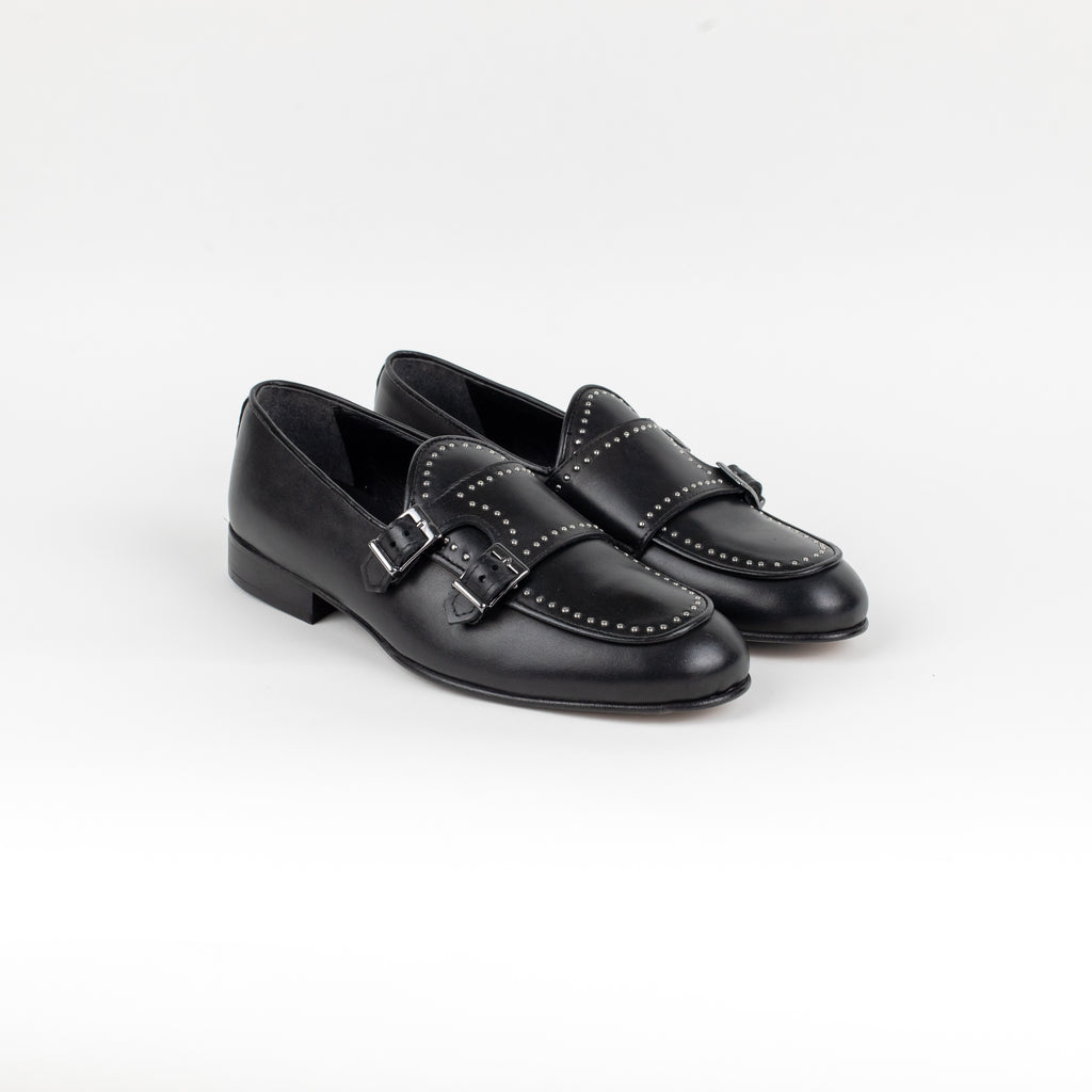 Mocassino Doppia Fibbia in Pelle con Borchie - Nero