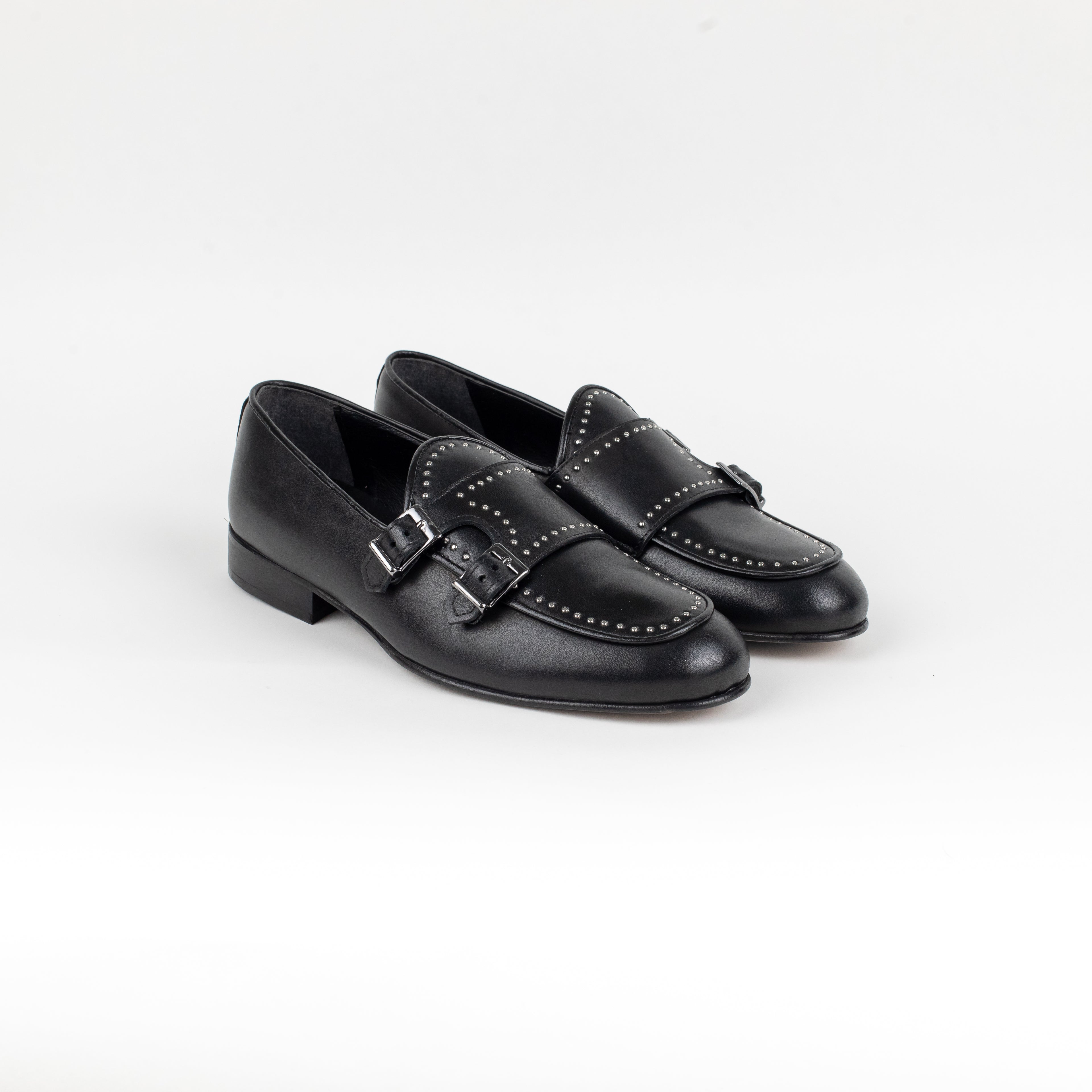 Mocassino Doppia Fibbia in Pelle con Borchie - Nero