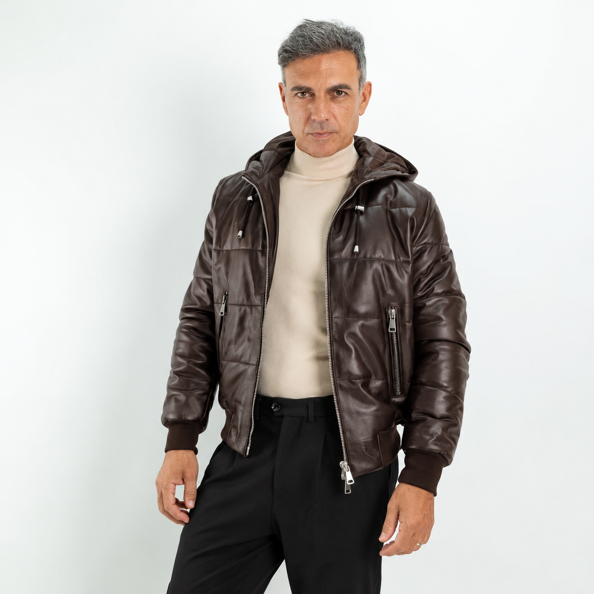 Gesteppte Echtlederjacke mit Kapuze - Dunkelbraun