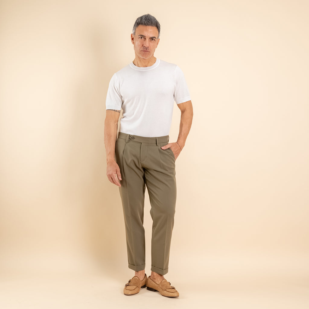 Pantalone slim fit con Pinces e risvolto - Militare