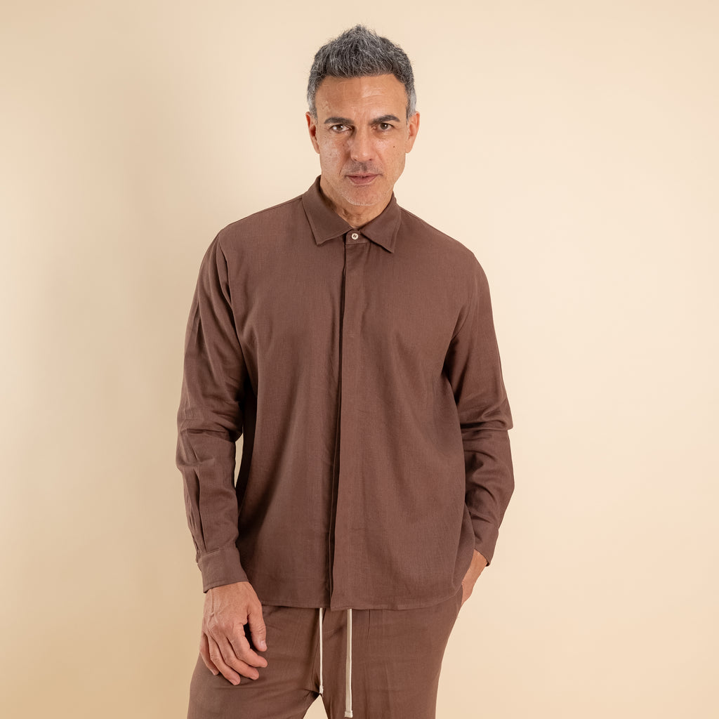 Camicia in misto lino fintone coperto - Moro