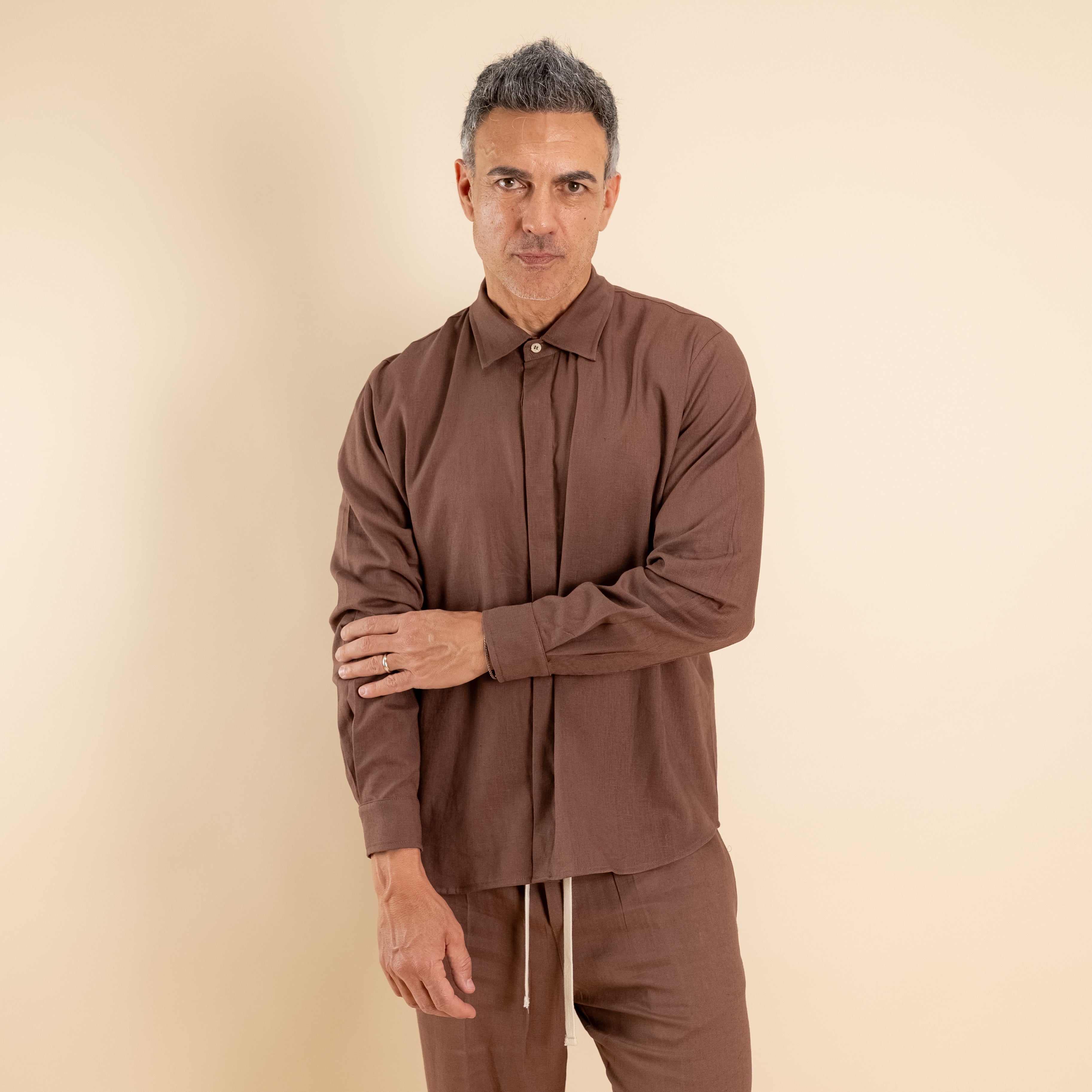 Camicia in misto lino fintone coperto - Moro