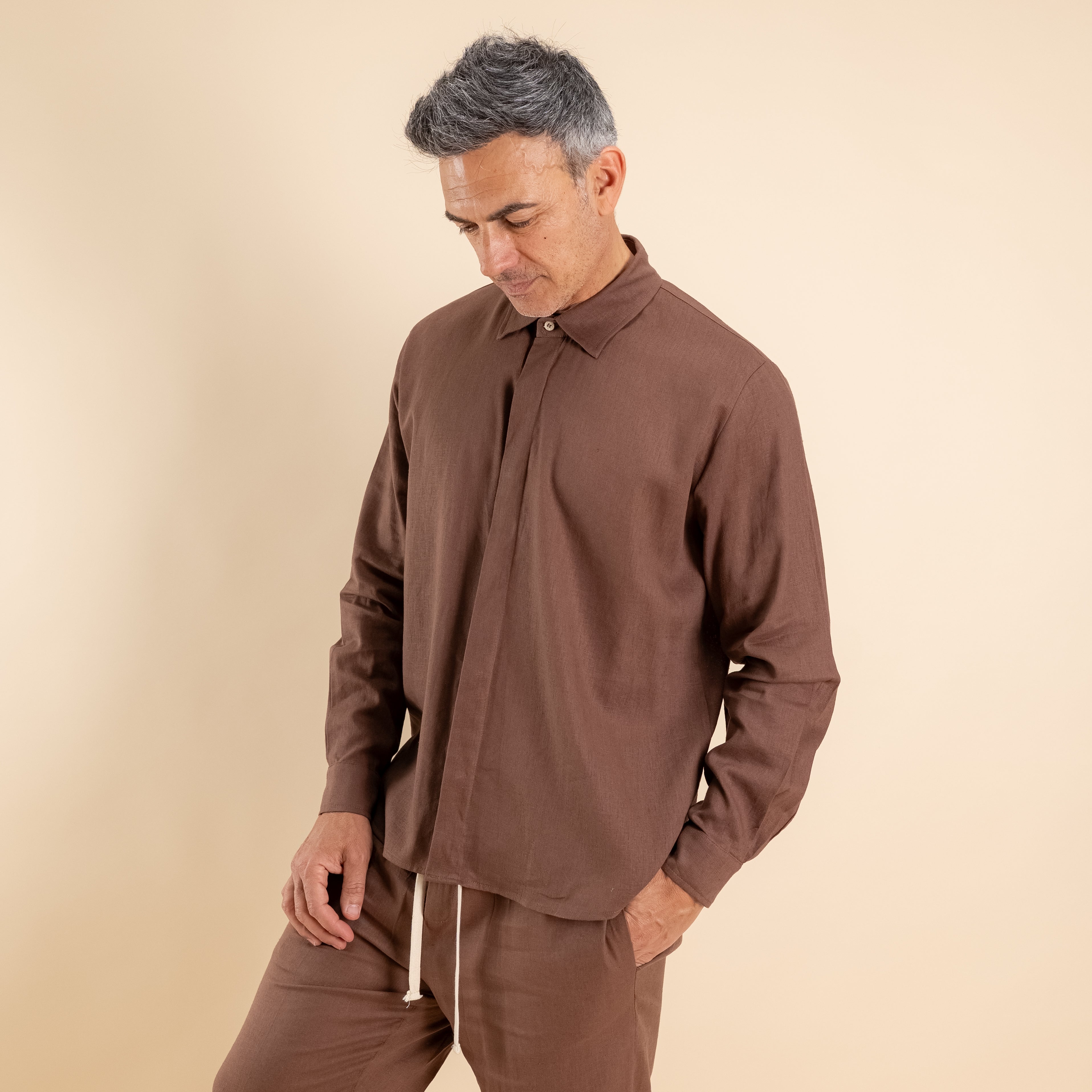Camicia in misto lino fintone coperto - Moro
