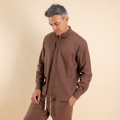 Camicia in misto lino fintone coperto - Moro