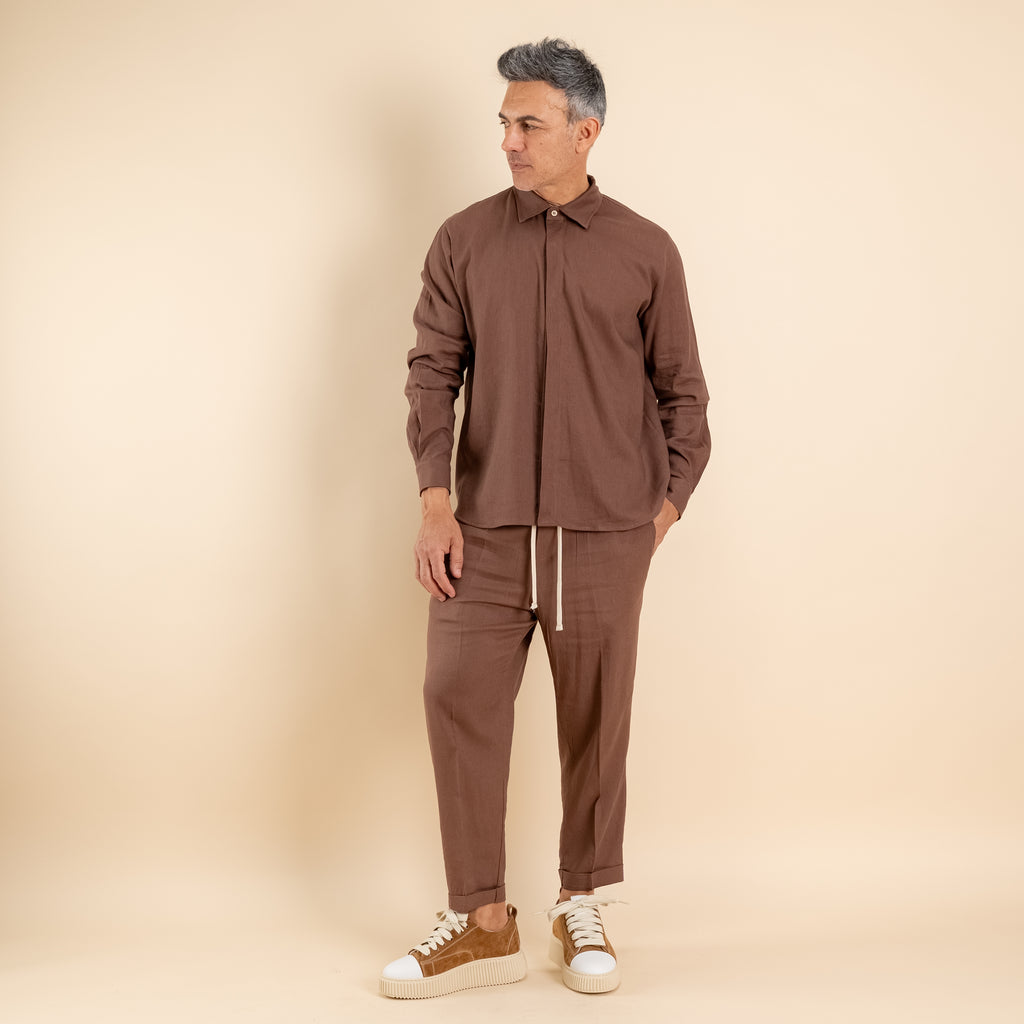 Camicia in misto lino fintone coperto - Moro