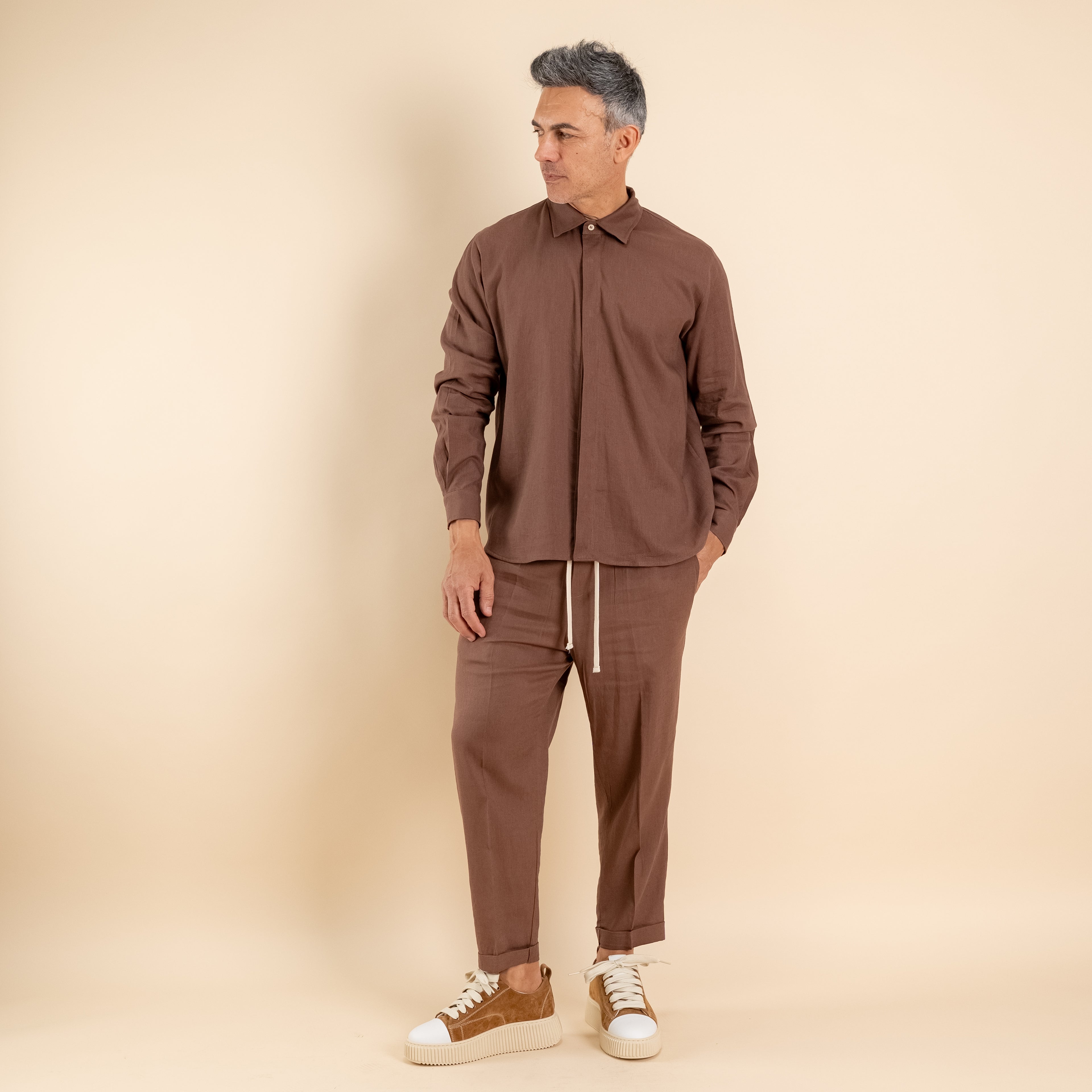 Camicia in misto lino fintone coperto - Moro