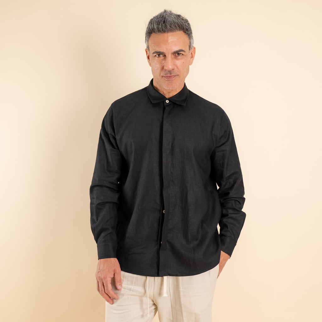 Camicia in misto lino fintone coperto - Nero