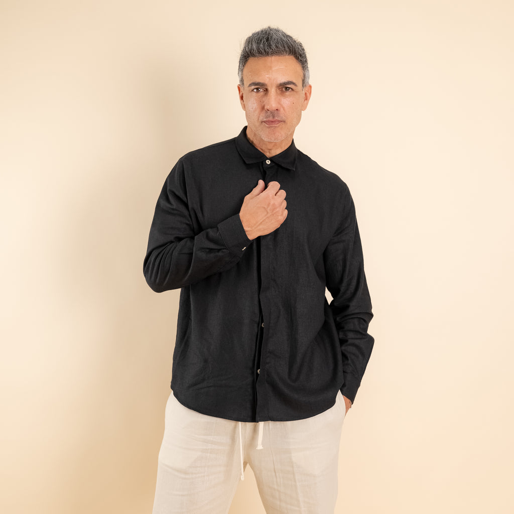 Camicia in misto lino fintone coperto - Nero