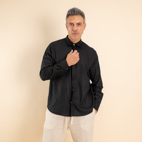 Camicia in misto lino fintone coperto - Nero