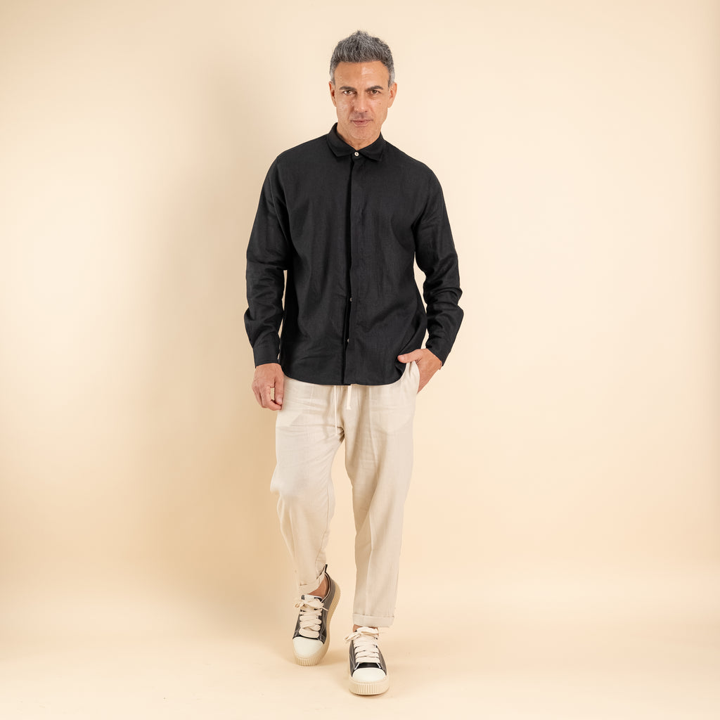 Camicia in misto lino fintone coperto - Nero