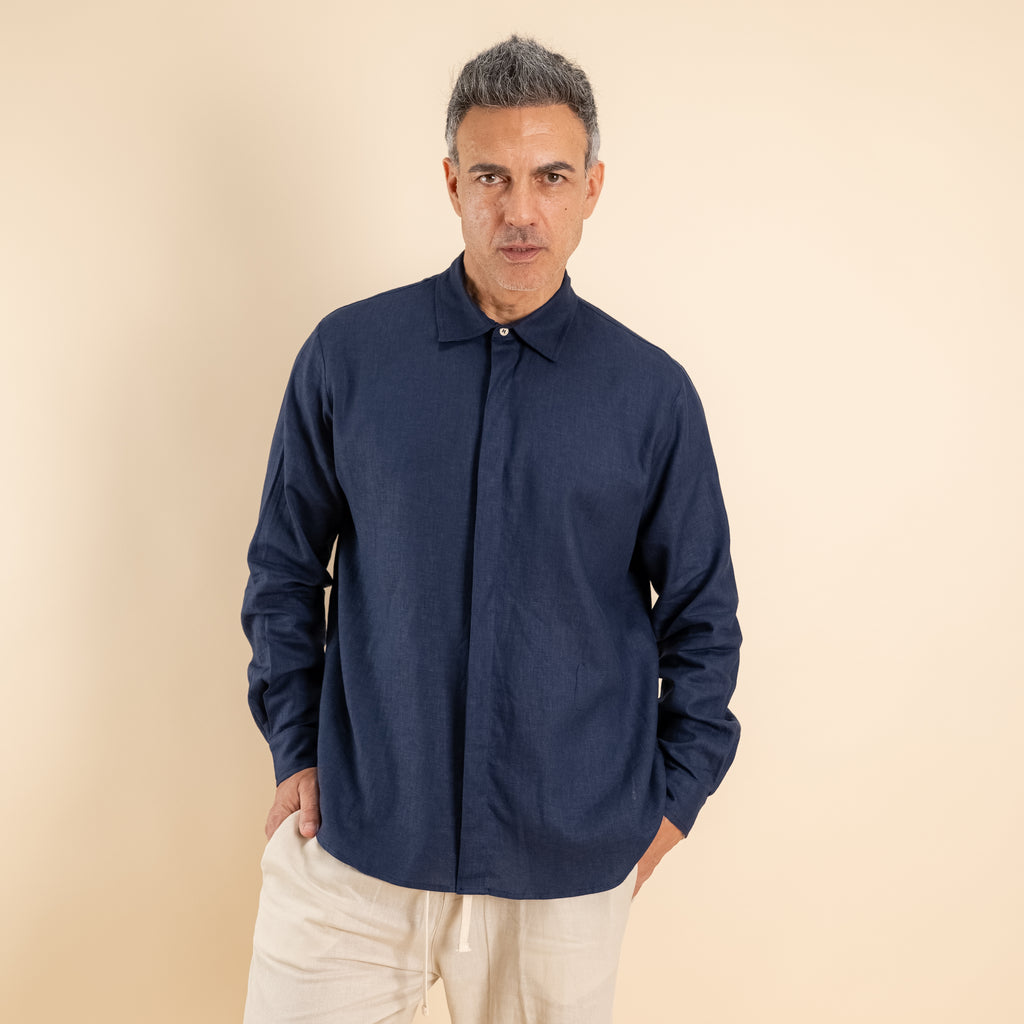 Camicia in misto lino fintone coperto - Blu