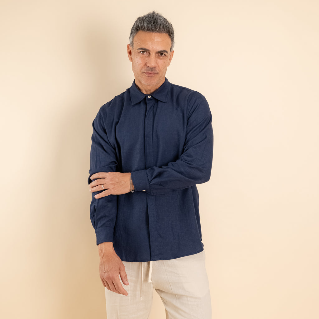 Camicia in misto lino fintone coperto - Blu