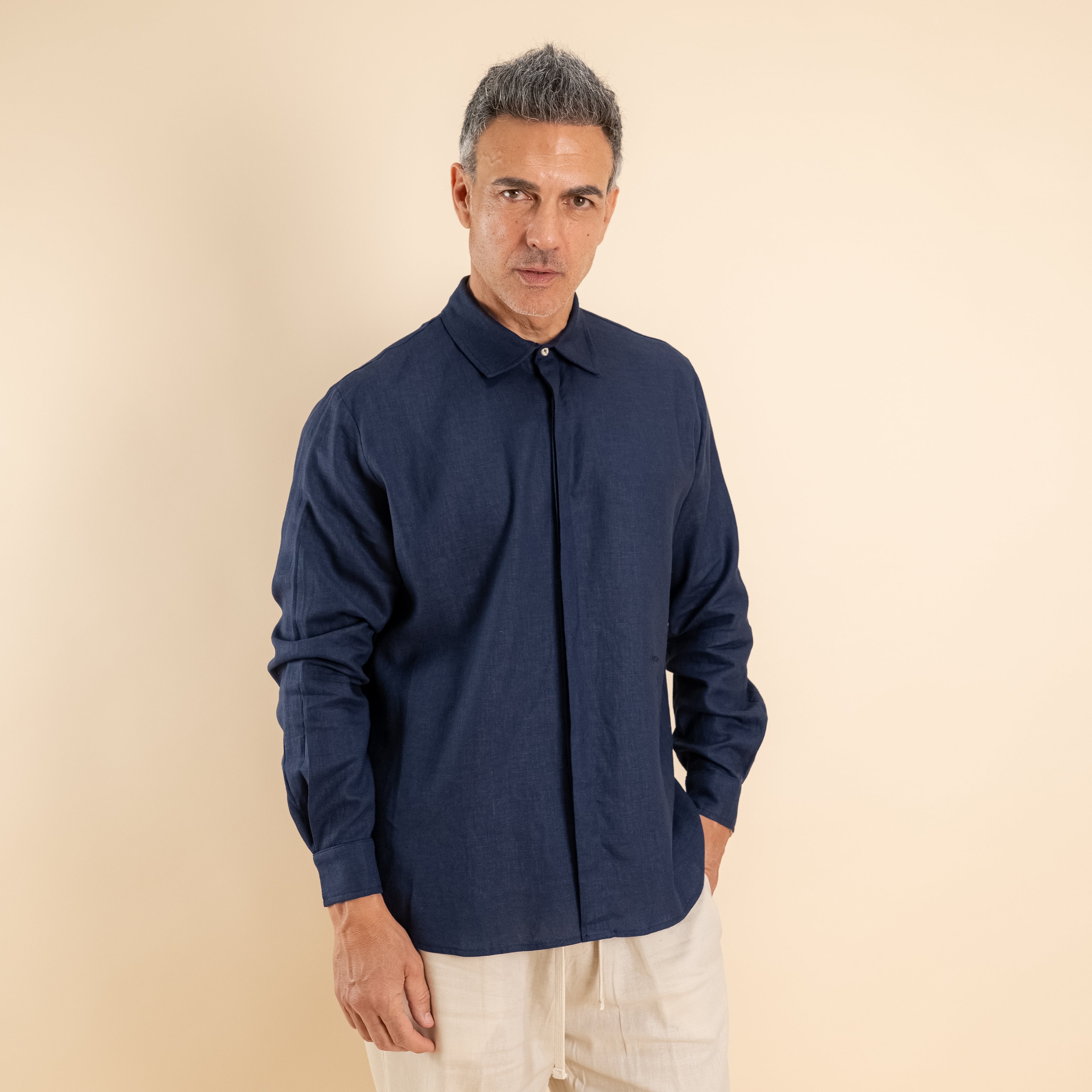 Camicia in misto lino fintone coperto - Blu