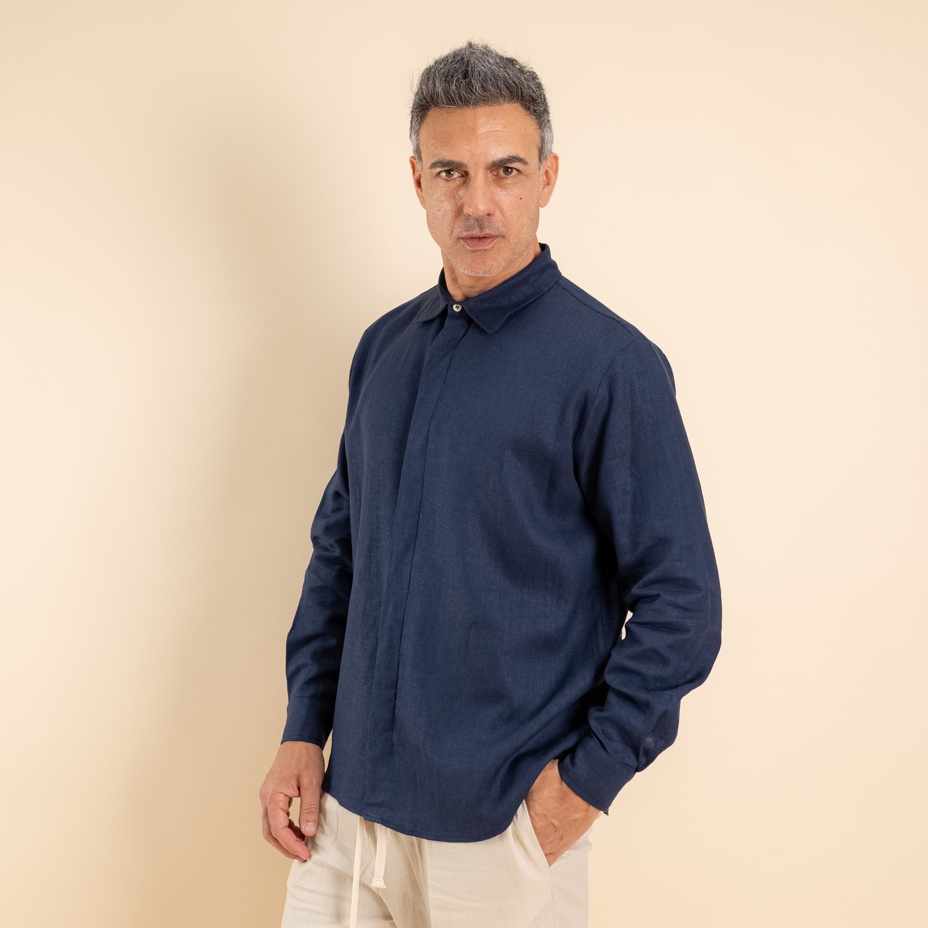 Camicia in misto lino fintone coperto - Blu