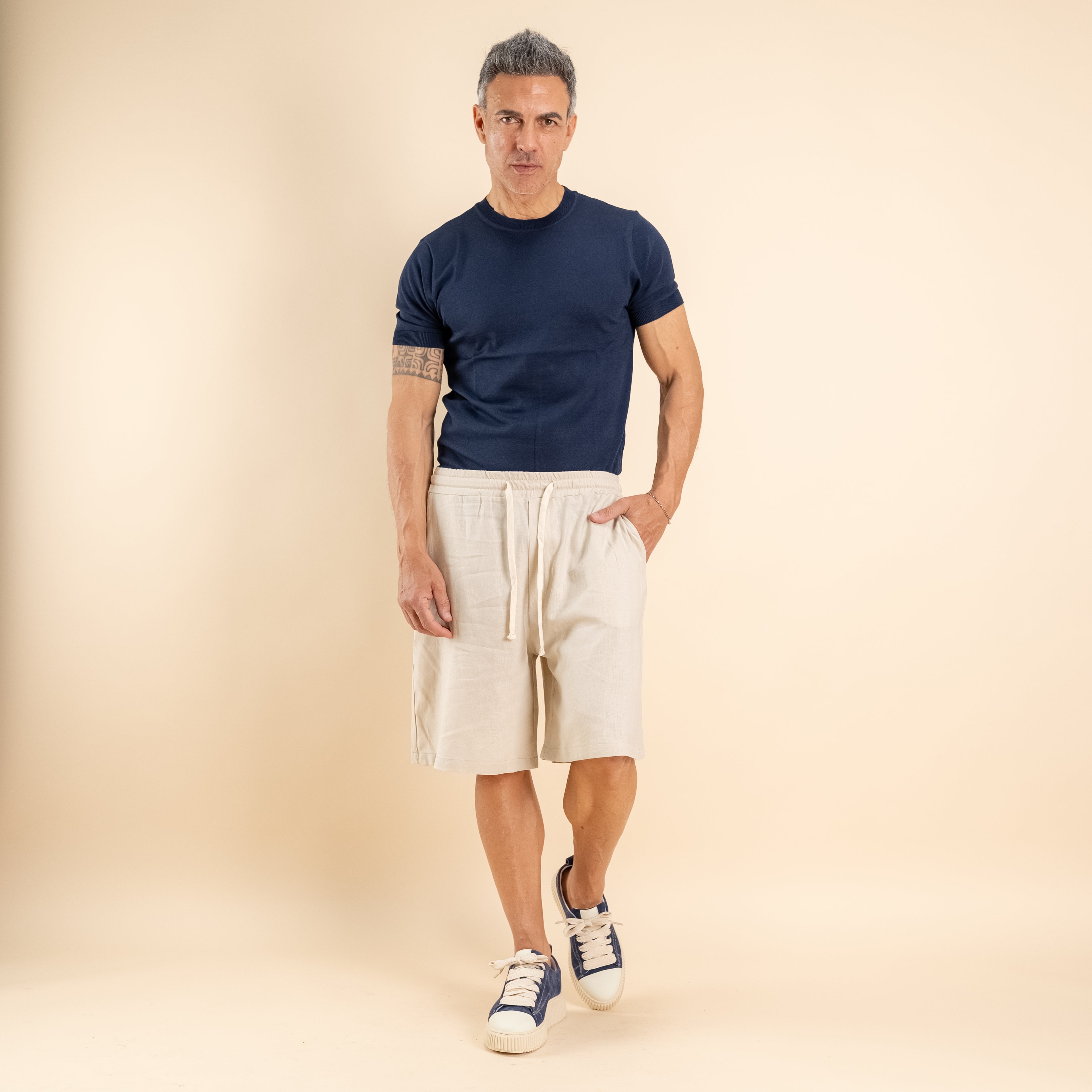 Bermuda con lacci in misto lino - Beige