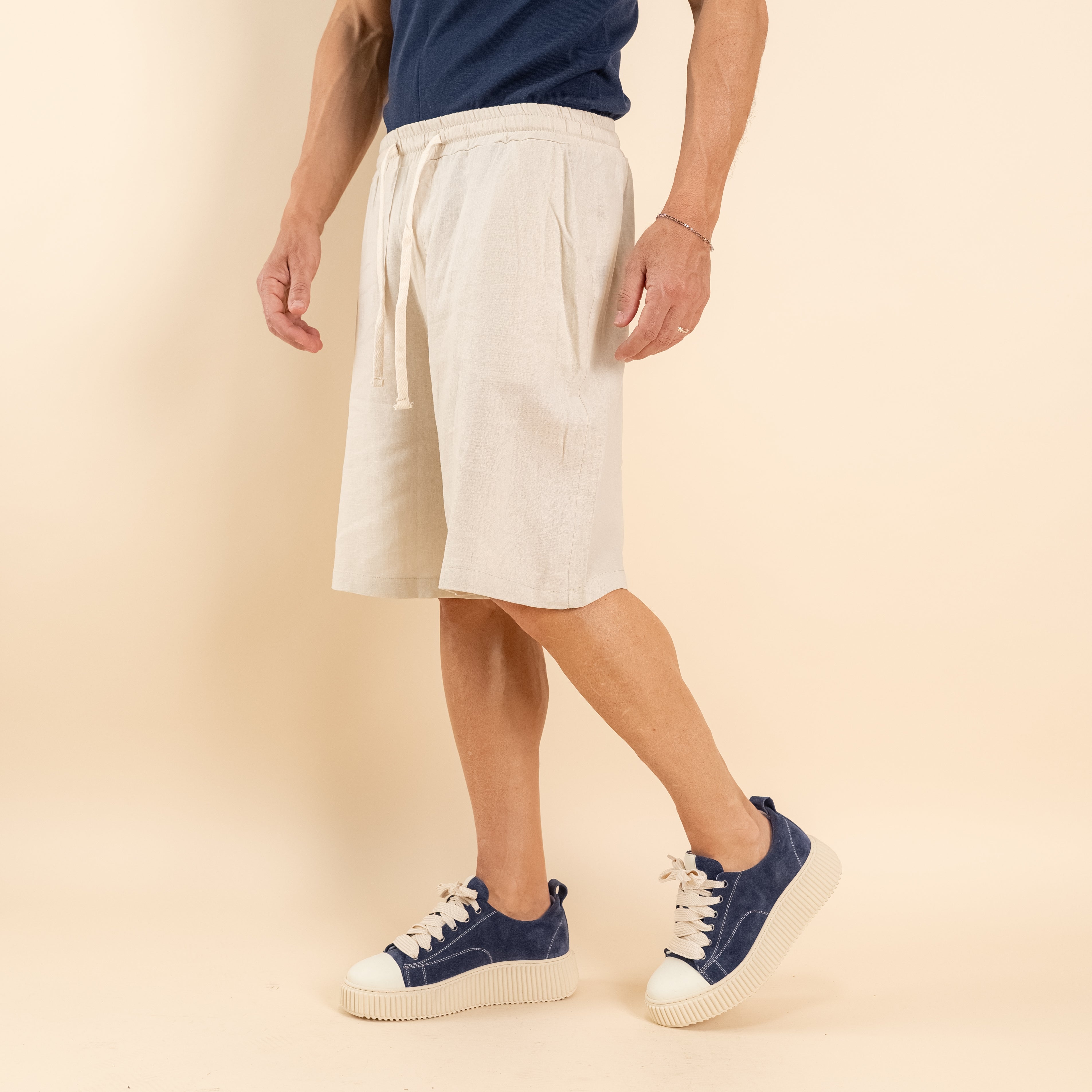 Bermuda con lacci in misto lino - Beige
