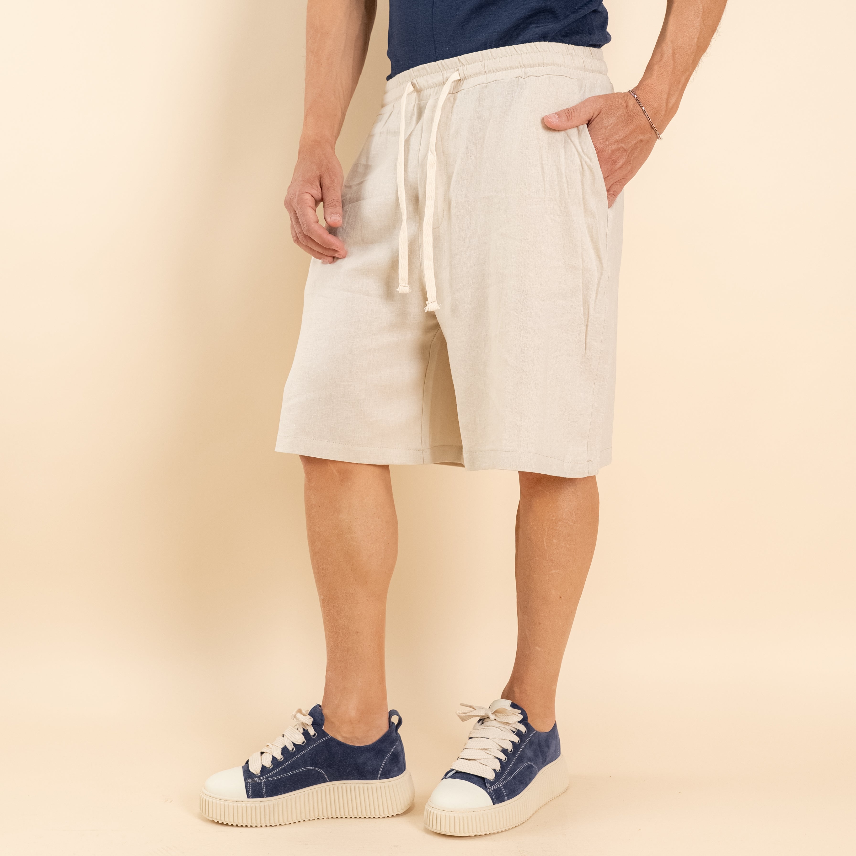 Bermuda con lacci in misto lino - Beige