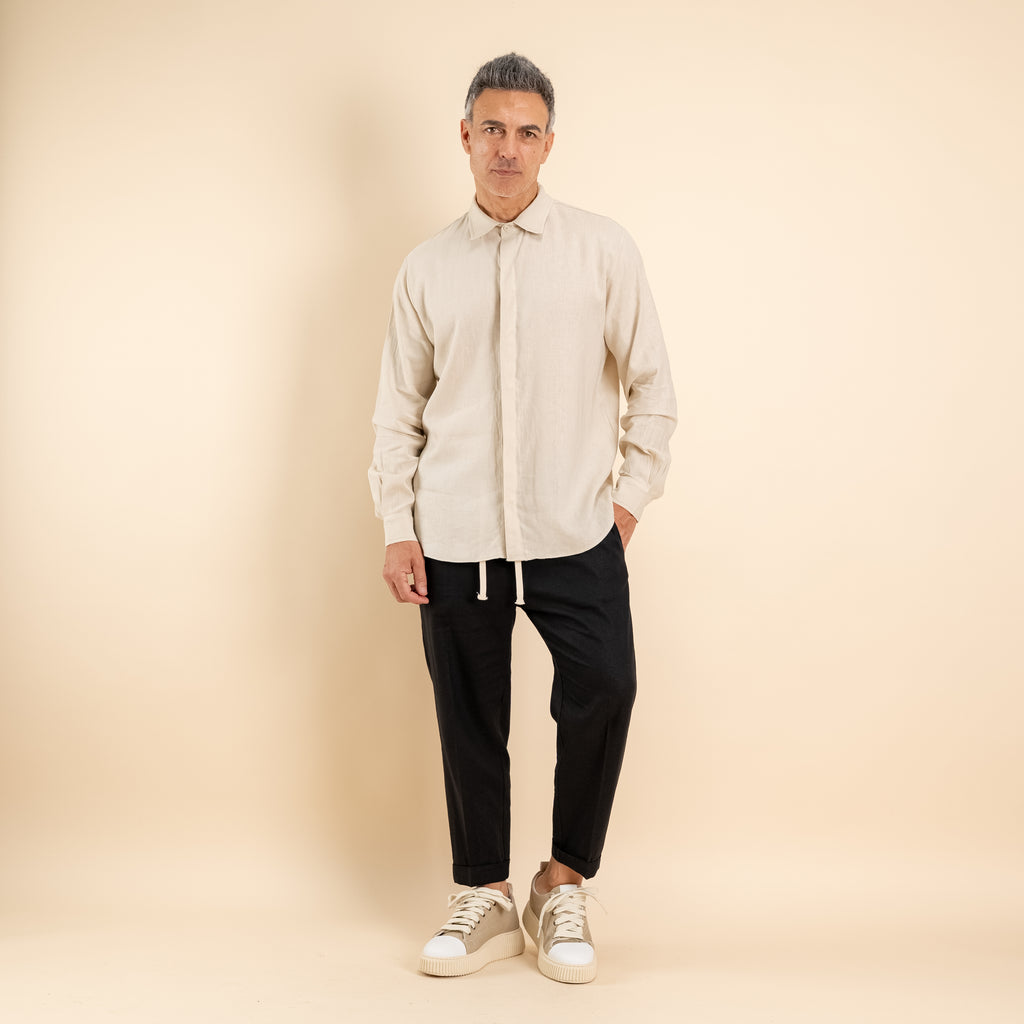 Camicia in misto lino fintone coperto - Beige