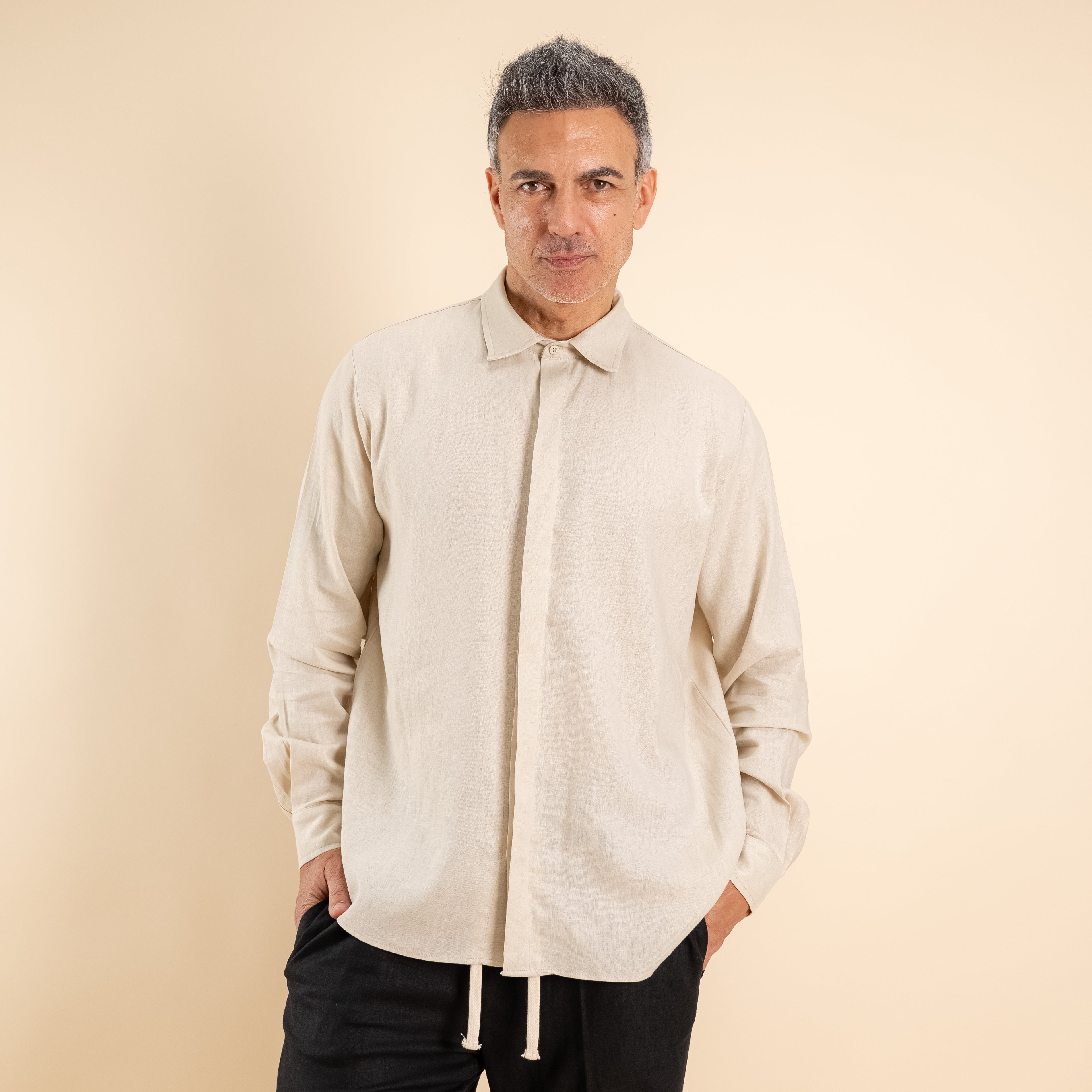 Camicia in misto lino fintone coperto - Beige