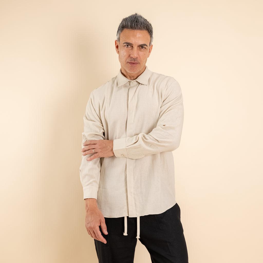 Camicia in misto lino fintone coperto - Beige