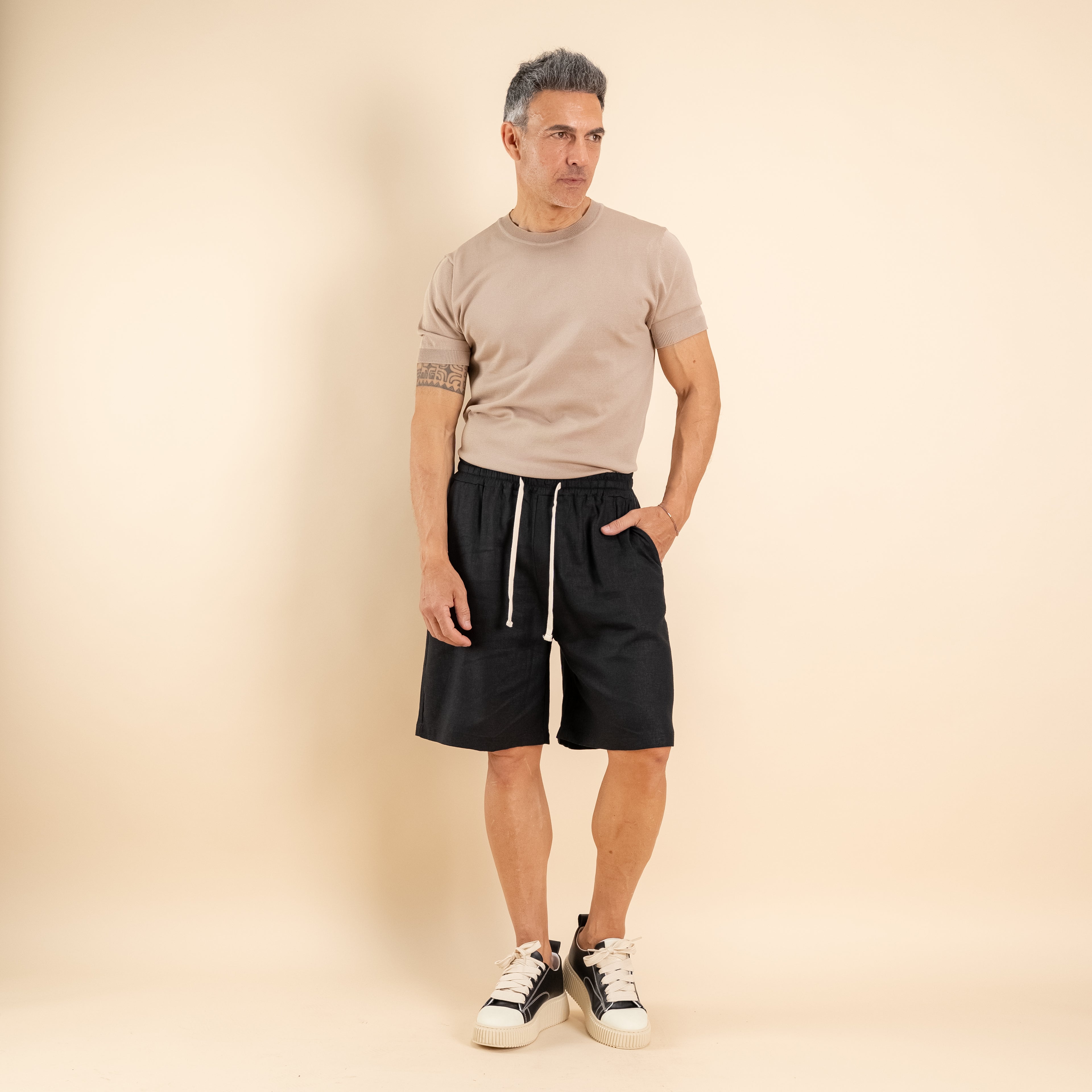 Bermuda con lacci in misto lino - Nero