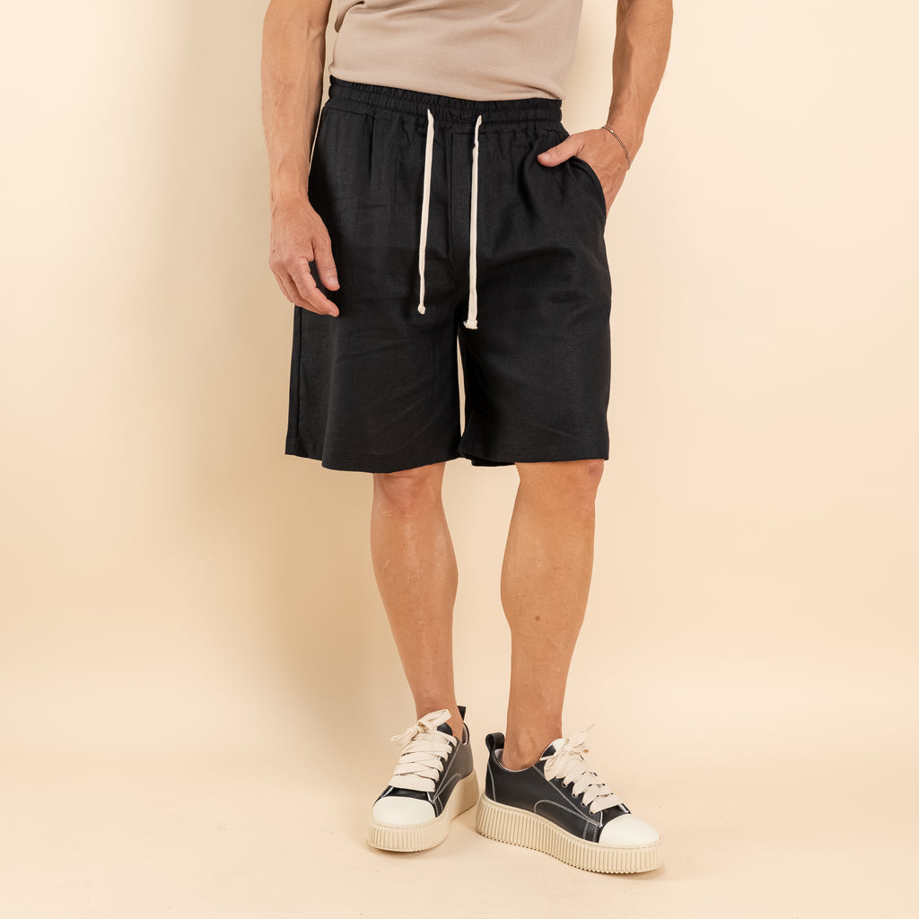 Bermuda con lacci in misto lino - Nero