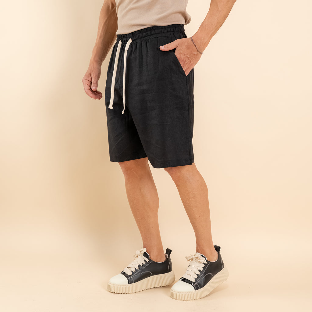 Bermuda con lacci in misto lino - Nero