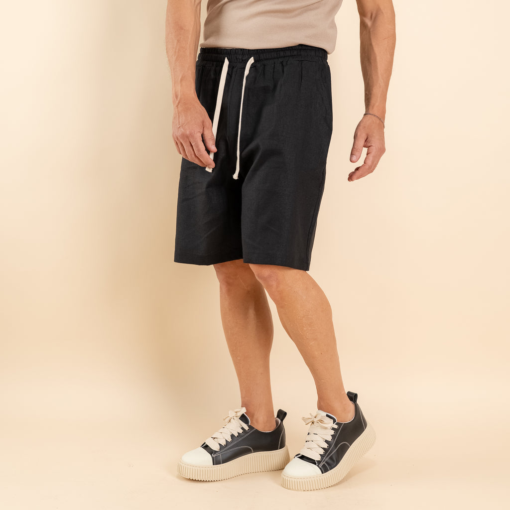 Bermuda con lacci in misto lino - Nero