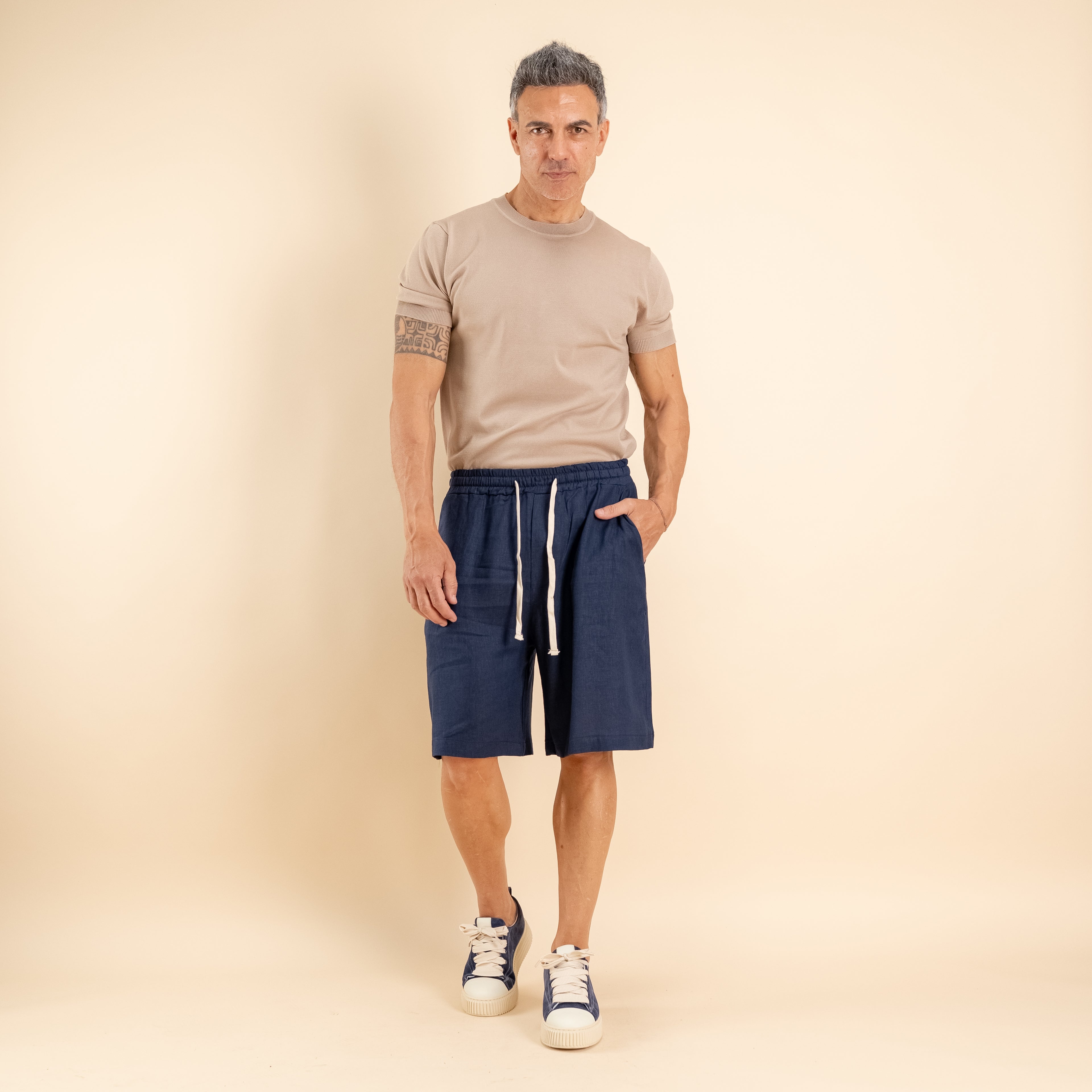 Bermuda con lacci in misto lino - Blu
