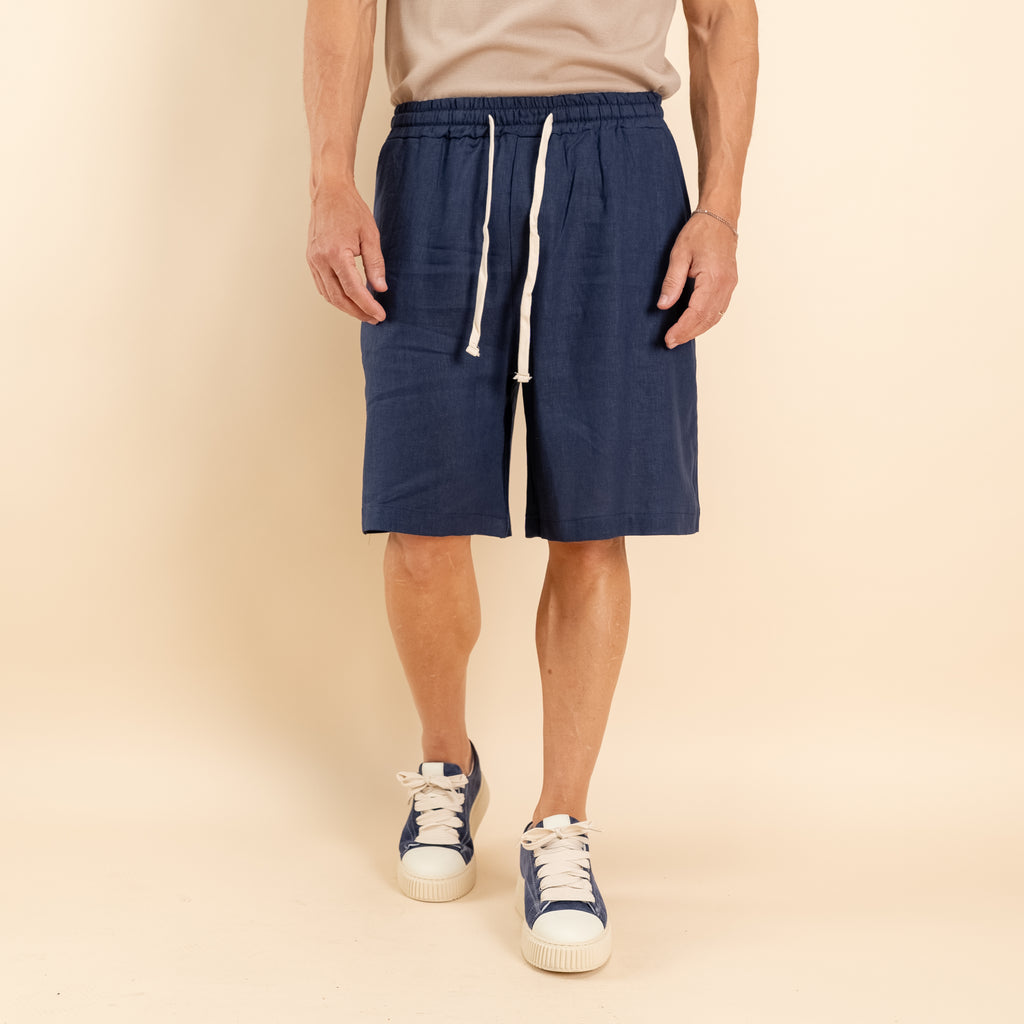 Bermuda con lacci in misto lino - Blu