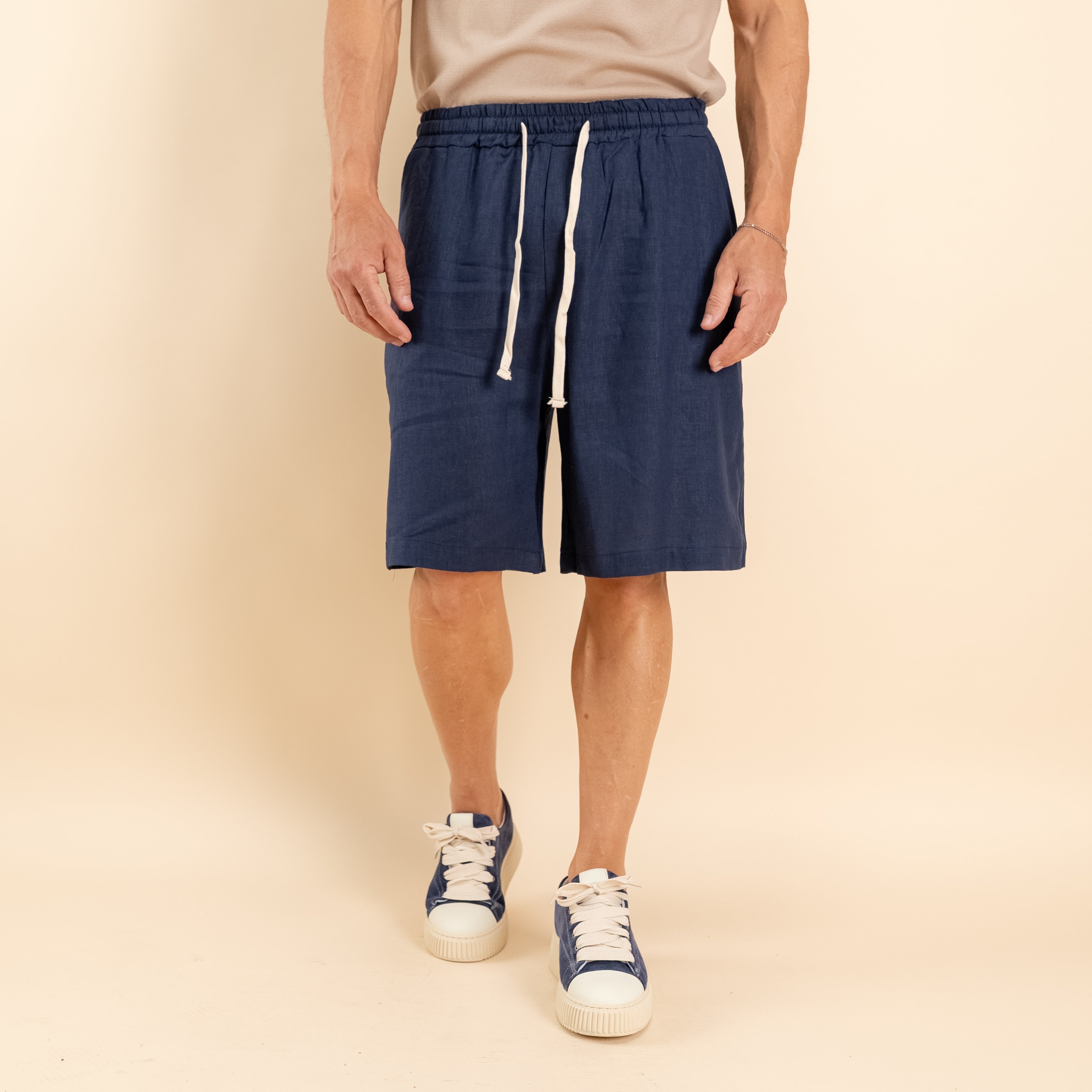 Bermuda con lacci in misto lino - Blu