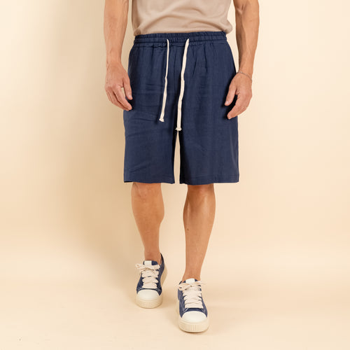 Bermuda con lacci in misto lino - Blu