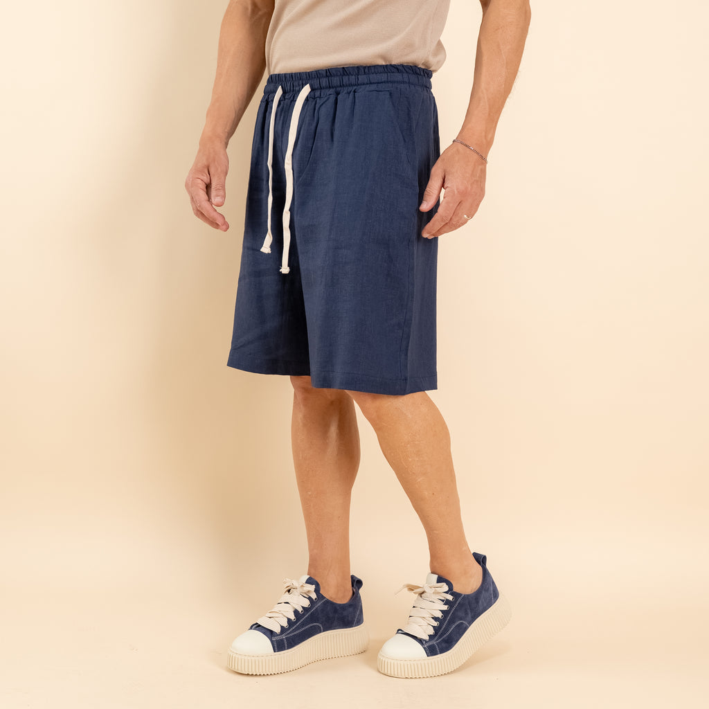 Bermuda con lacci in misto lino - Blu