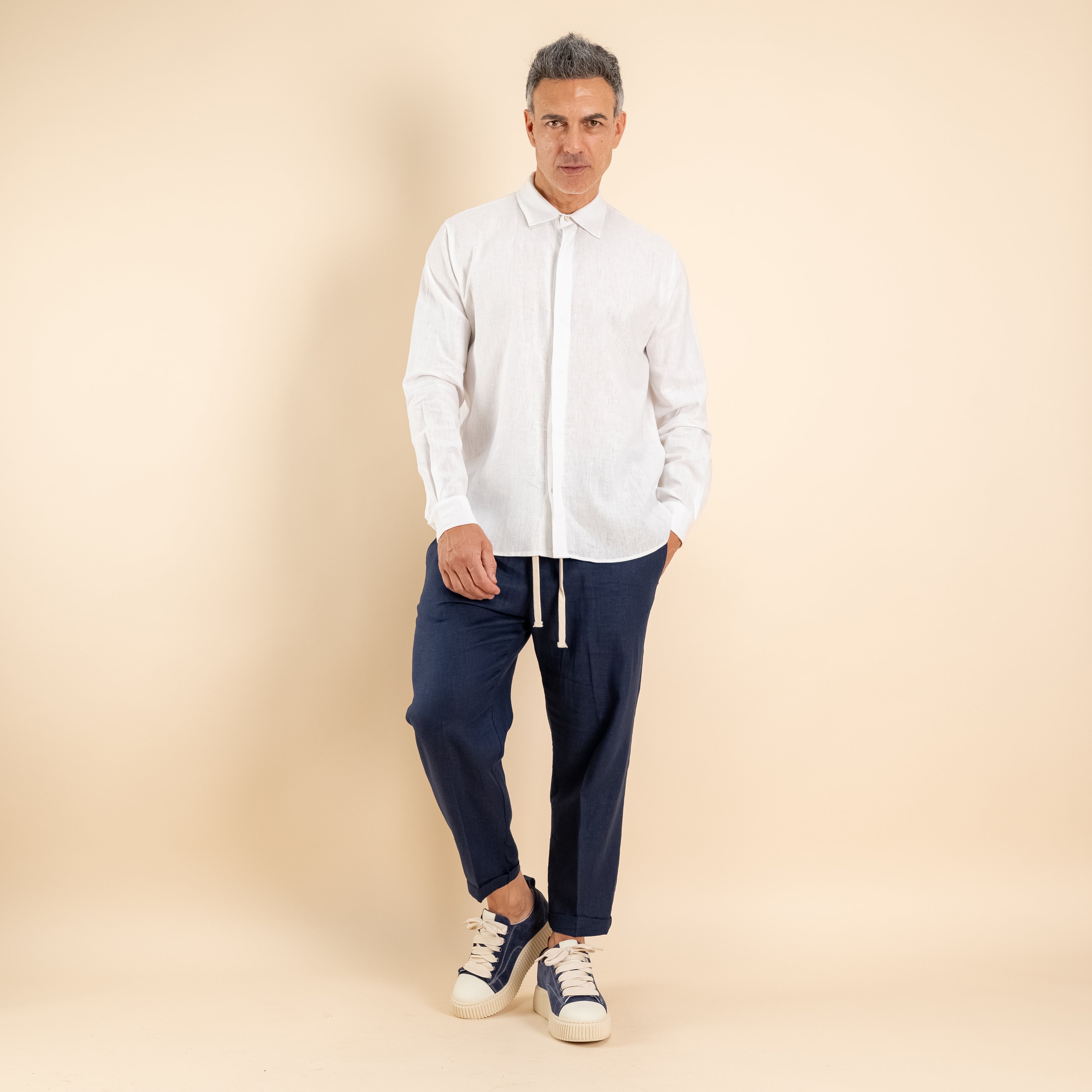 Camicia in misto lino fintone coperto - Bianco