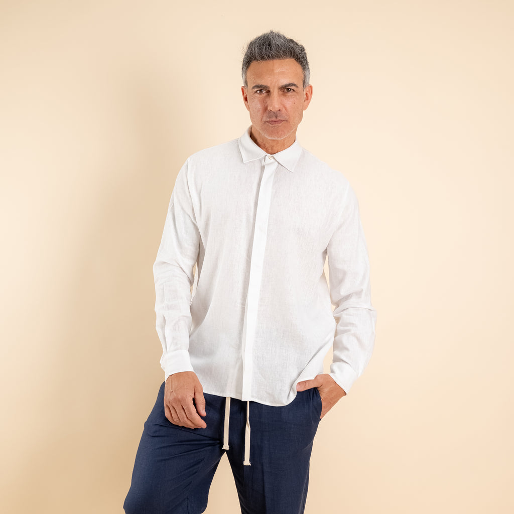 Camicia in misto lino fintone coperto - Bianco